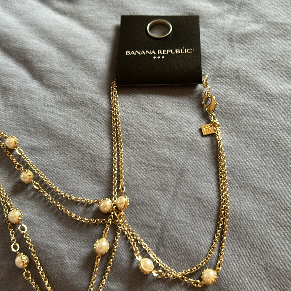 Banana Republic Gold Multi-Strand Necklace with Pearl Accent Beads